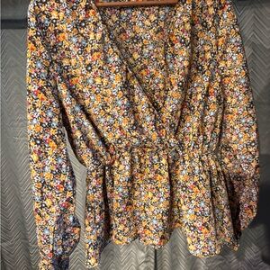 SHEIN Mustard Multi Floral Surplice Peplum Blouse